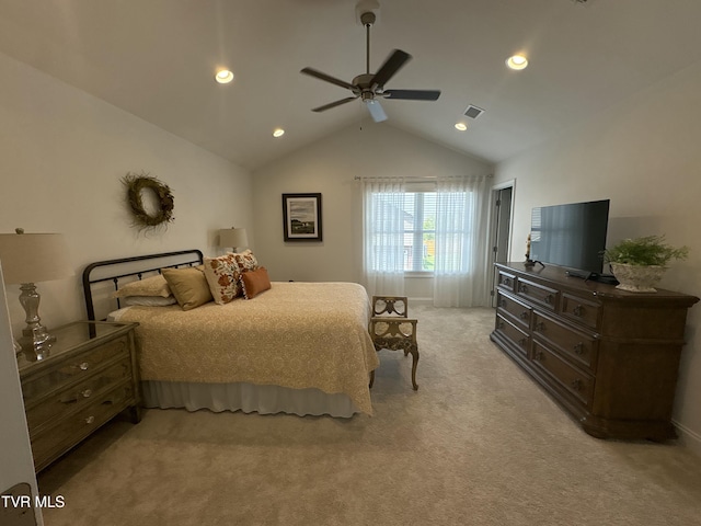 bedroom with light carpet, visible vents, recessed lighting, lofted ceiling, and ceiling fan