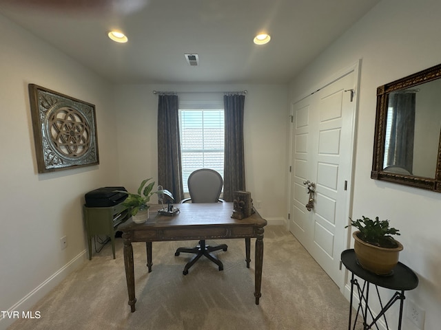 office featuring recessed lighting, carpet floors, visible vents, and baseboards