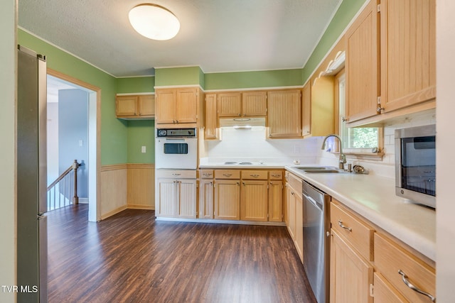 132 Lancaster Dr, Kingsport, TN 37663 - kitchen featuring appliances with stainless steel finishes, light brown cabinetry, dark wood finished floors, under cabinet range hood, and light countertops