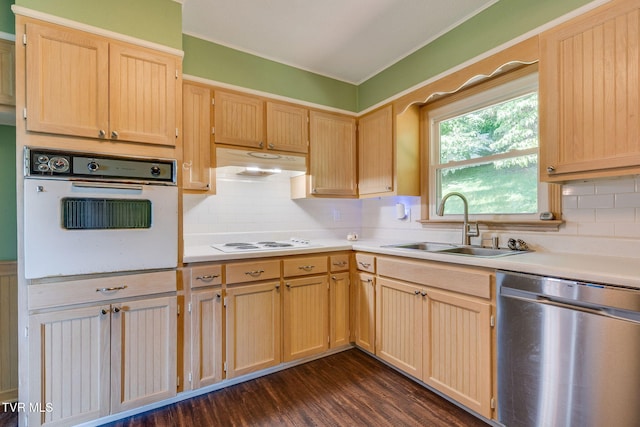 132 Lancaster Dr, Kingsport, TN 37663 - kitchen with white appliances, light brown cabinetry, under cabinet range hood, and light countertops