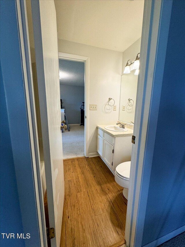 bathroom featuring vanity, toilet, and wood finished floors