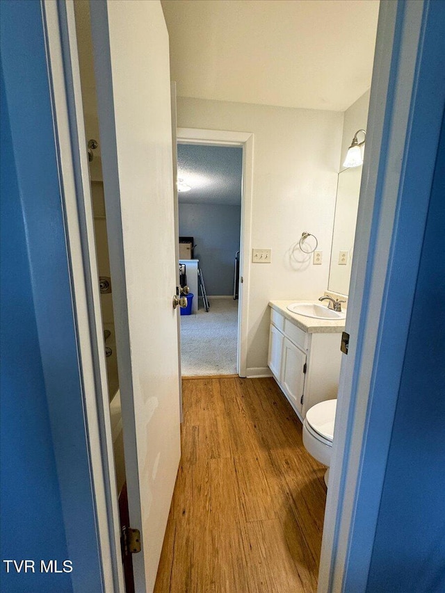bathroom with toilet, vanity, and wood finished floors