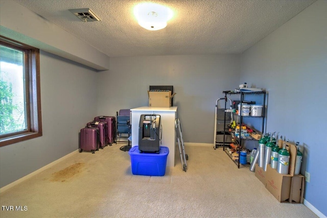 interior space featuring a textured ceiling, visible vents, baseboards, and carpet