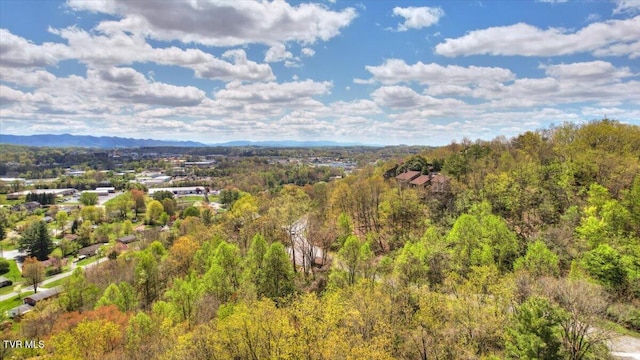 aerial view featuring a view of trees and a mountain view