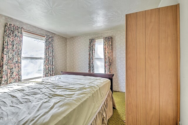 carpeted bedroom with multiple windows and wallpapered walls