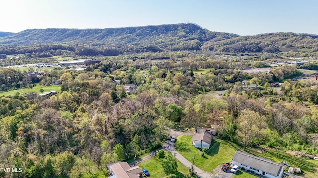 bird's eye view featuring a wooded view and a mountain view