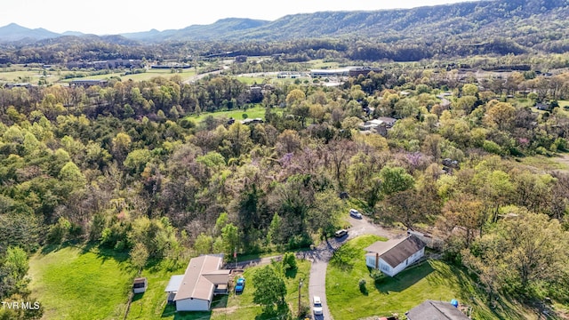 birds eye view of property with a wooded view and a mountain view