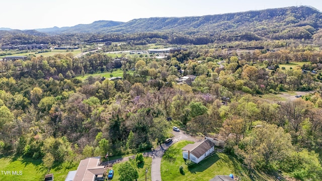birds eye view of property featuring a forest view and a mountain view