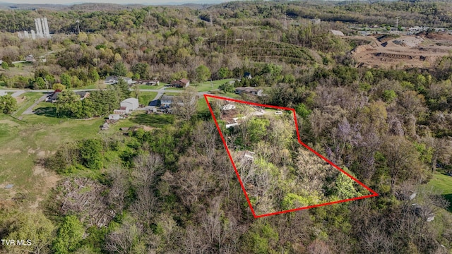 drone / aerial view featuring a forest view