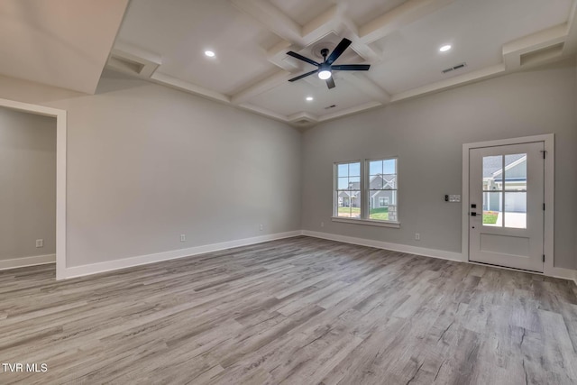 74 Slonaker Cir, Jonesborough, TN 37659 - unfurnished living room featuring recessed lighting, coffered ceiling, a ceiling fan, visible vents, and wood finished floors