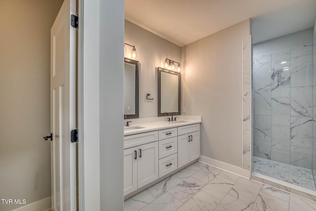 74 Slonaker Cir, Jonesborough, TN 37659 - full bath featuring double vanity, marble finish floor, a sink, baseboards, and a marble finish shower