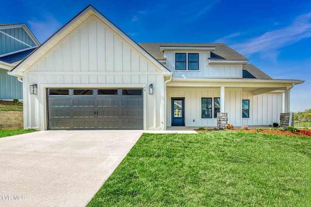 74 Slonaker Cir, Jonesborough, TN 37659 - modern inspired farmhouse featuring a front yard, a garage, board and batten siding, roof with shingles, and concrete driveway