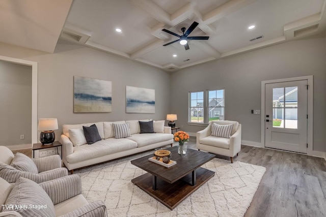 74 Slonaker Cir, Jonesborough, TN 37659 - living room featuring visible vents, coffered ceiling, beam ceiling, wood finished floors, and a ceiling fan