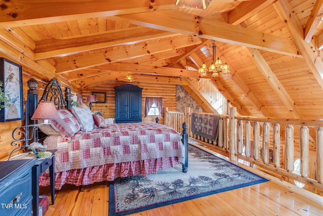 113 Tanner Dr, Elizabethton, TN 37643 - bedroom featuring rustic walls, wooden ceiling, a notable chandelier, and vaulted ceiling with beams