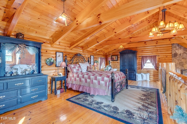 113 Tanner Dr, Elizabethton, TN 37643 - bedroom featuring wood ceiling, log walls, lofted ceiling with beams, and a notable chandelier