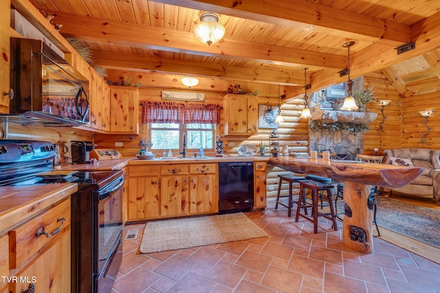 113 Tanner Dr, Elizabethton, TN 37643 - kitchen with a sink, rustic walls, black appliances, beam ceiling, and wooden ceiling