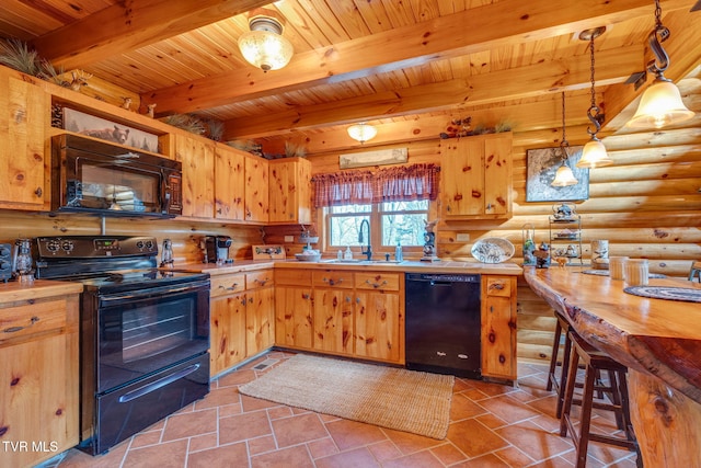 113 Tanner Dr, Elizabethton, TN 37643 - kitchen featuring black appliances, wood ceiling, a sink, log walls, and beam ceiling