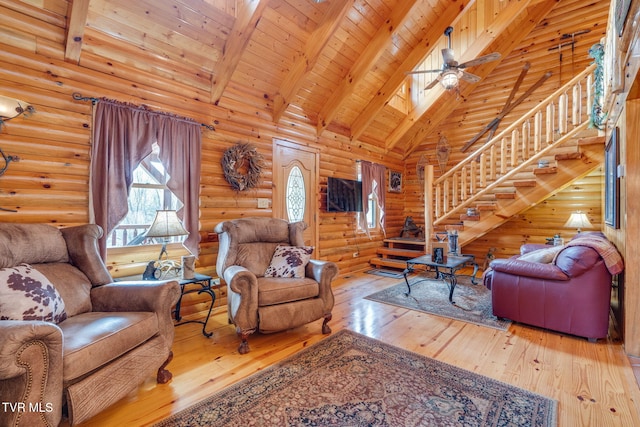 113 Tanner Dr, Elizabethton, TN 37643 - living area with high vaulted ceiling, stairway, log walls, beam ceiling, and hardwood / wood-style flooring
