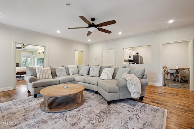 20268 Heron Cir, Abingdon, VA 24211 - living room with recessed lighting, a ceiling fan, wood finished floors, and ornamental molding