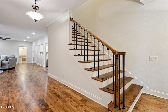 20268 Heron Cir, Abingdon, VA 24211 - stairway featuring crown molding, ceiling fan, recessed lighting, baseboards, and wood finished floors