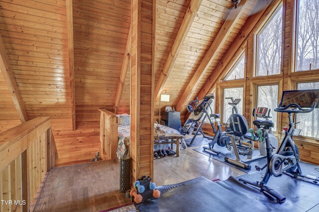 223 Black Bear Rdg, Roan Mountain, TN 37687 - workout room with wood walls, wooden ceiling, vaulted ceiling, and wood finished floors