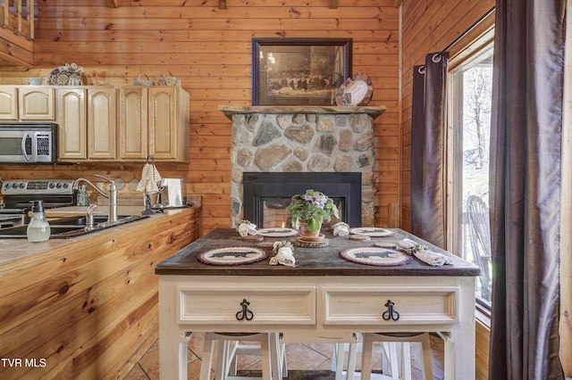 223 Black Bear Rdg, Roan Mountain, TN 37687 - kitchen with a sink, a stone fireplace, appliances with stainless steel finishes, light brown cabinetry, and wood walls
