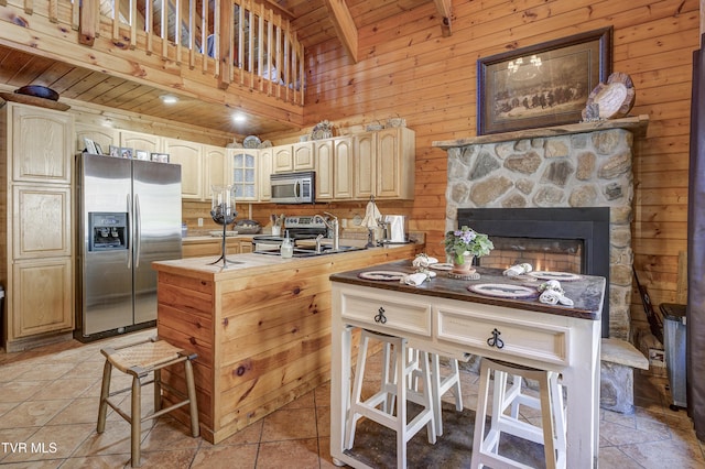 223 Black Bear Rdg, Roan Mountain, TN 37687 - kitchen with a sink, wood ceiling, appliances with stainless steel finishes, and wooden walls