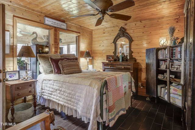 223 Black Bear Rdg, Roan Mountain, TN 37687 - bedroom featuring wood walls, ceiling fan, wooden ceiling, and wood finished floors