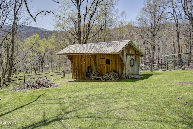 223 Black Bear Rdg, Roan Mountain, TN 37687 - view of outdoor structure featuring a wooded view, a mountain view, fence, and an outdoor structure