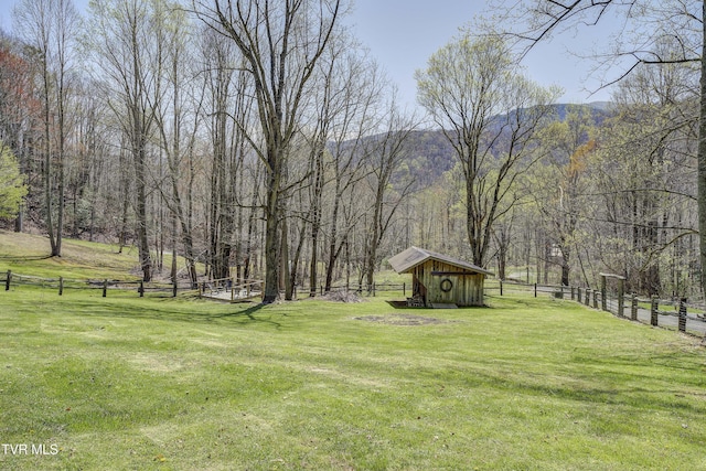 223 Black Bear Rdg, Roan Mountain, TN 37687 - view of yard with an outbuilding, fence, a storage shed, and a wooded view