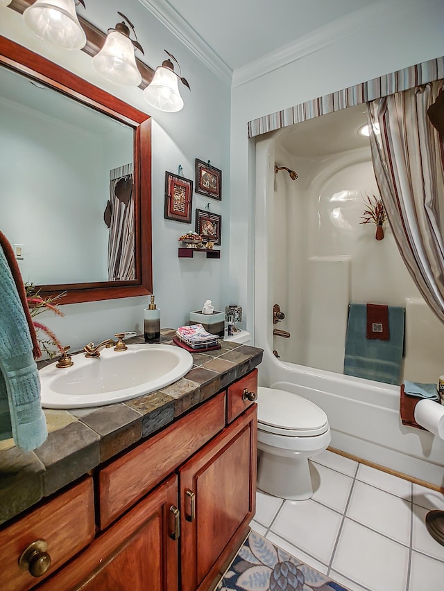 full bath with toilet, crown molding, vanity, shower / bathtub combination, and tile patterned flooring