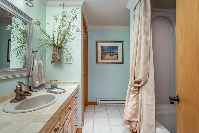 bathroom featuring tile patterned floors, vanity, a baseboard heating unit, and ornamental molding