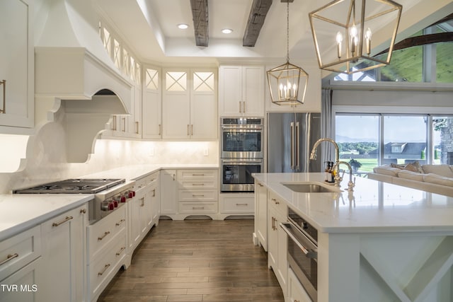 kitchen featuring a notable chandelier, a sink, appliances with stainless steel finishes, dark wood-style floors, and backsplash