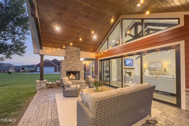 view of patio / terrace featuring an outdoor living space with a fireplace