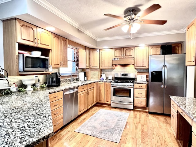 2215 Knob Creek Rd, Johnson City, TN 37604 - kitchen with a sink, ornamental molding, appliances with stainless steel finishes, a ceiling fan, and under cabinet range hood