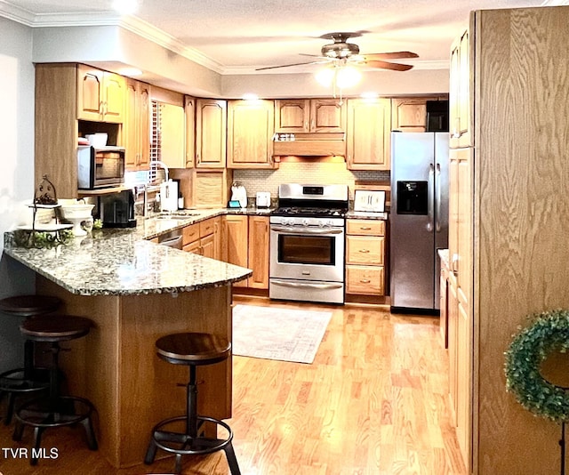 2215 Knob Creek Rd, Johnson City, TN 37604 - kitchen with a sink, ornamental molding, appliances with stainless steel finishes, a peninsula, and under cabinet range hood