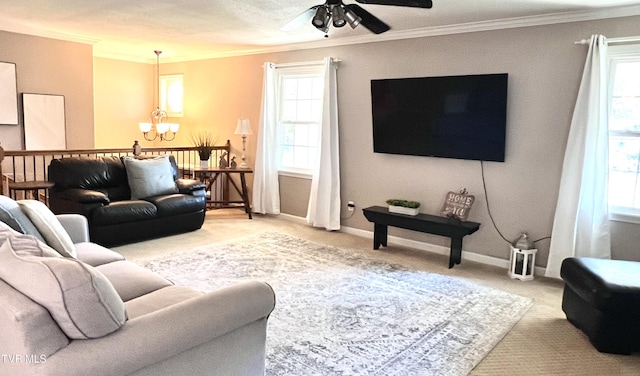2215 Knob Creek Rd, Johnson City, TN 37604 - carpeted living room with baseboards, ceiling fan with notable chandelier, and crown molding