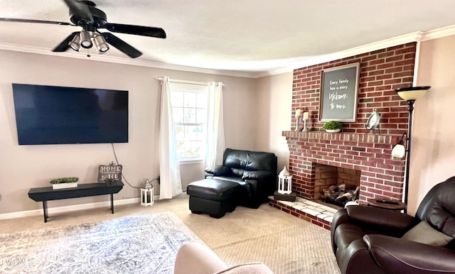 2215 Knob Creek Rd, Johnson City, TN 37604 - living area featuring crown molding, ceiling fan, carpet floors, a brick fireplace, and baseboards