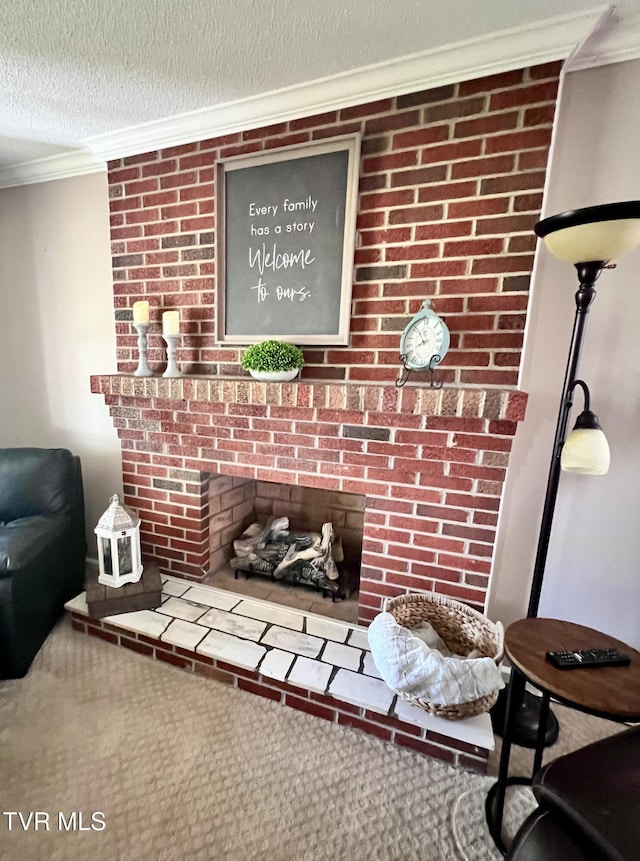 2215 Knob Creek Rd, Johnson City, TN 37604 - interior details featuring a large fireplace, crown molding, and a textured ceiling