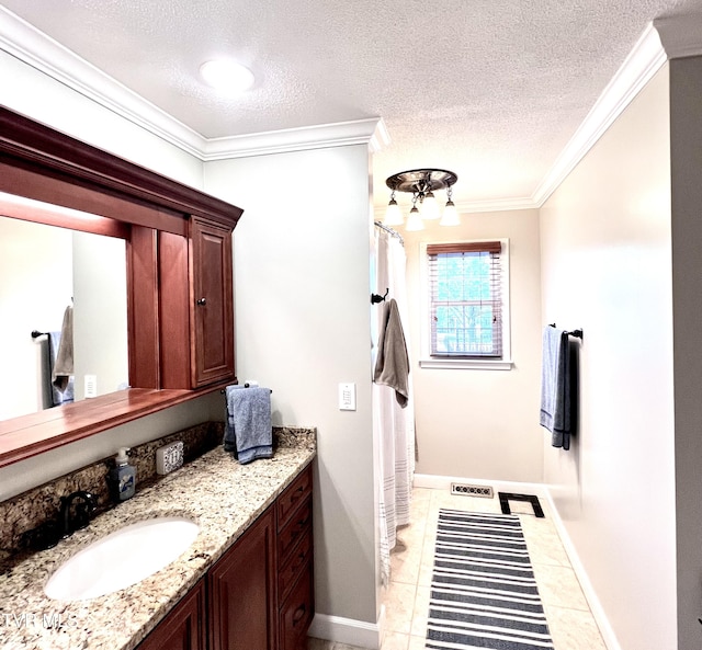 2215 Knob Creek Rd, Johnson City, TN 37604 - bathroom featuring vanity, visible vents, a textured ceiling, and ornamental molding