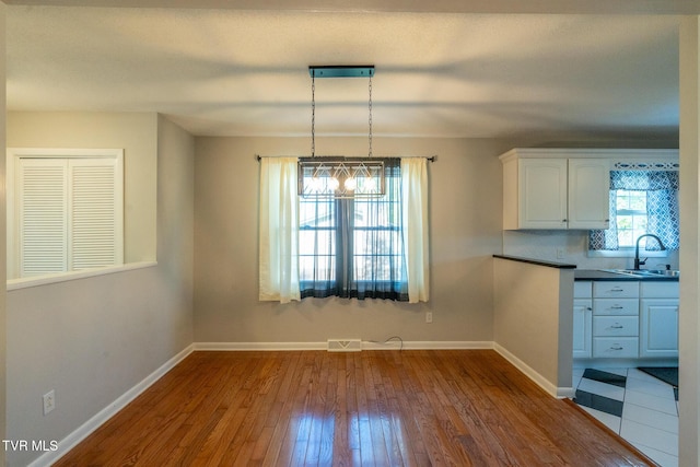 unfurnished dining area featuring a sink, visible vents, baseboards, and dark wood-style floors