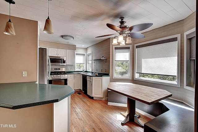 455 Carlton Rd, Bristol, TN 37620 - kitchen featuring stainless steel appliances, a peninsula, dark countertops, a ceiling fan, and pendant lighting
