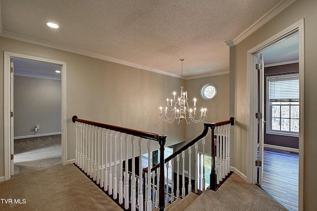 455 Carlton Rd, Bristol, TN 37620 - stairway with carpet, a textured ceiling, and a notable chandelier