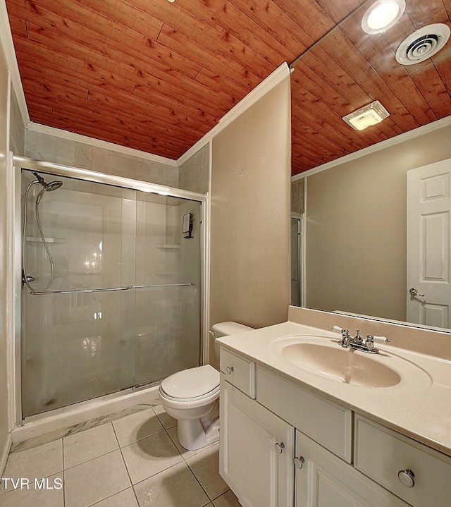 455 Carlton Rd, Bristol, TN 37620 - full bathroom with wood ceiling, tile patterned floors, visible vents, and a shower stall