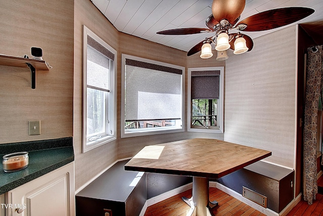 455 Carlton Rd, Bristol, TN 37620 - dining space with baseboards, visible vents, breakfast area, a ceiling fan, and hardwood / wood-style floors