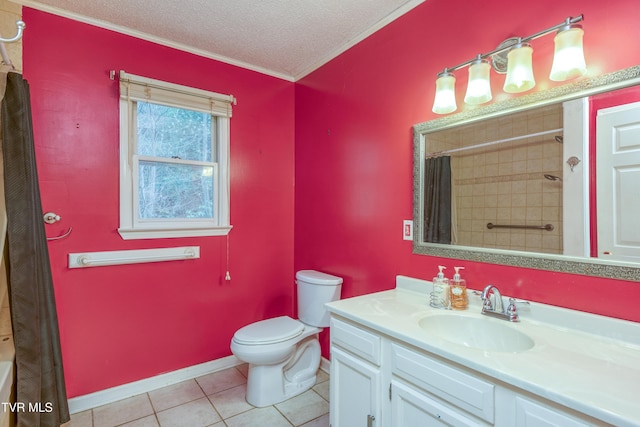 full bathroom featuring vanity, tile patterned floors, a textured ceiling, crown molding, and toilet