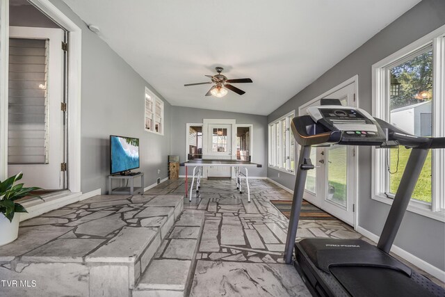 610 Pine Hill Rd, Elizabethton, TN 37643 - exercise area featuring ceiling fan, baseboards, and lofted ceiling