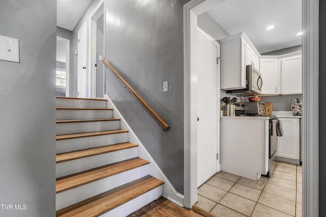 610 Pine Hill Rd, Elizabethton, TN 37643 - stairway featuring tile patterned floors, recessed lighting, and attic access