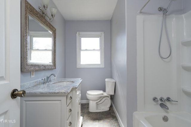 bathroom featuring  shower combination, vanity, baseboards, and toilet