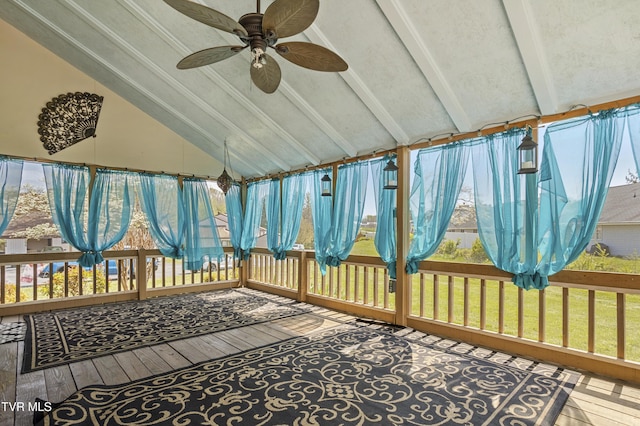 1023 Pebble Dr, Bristol, VA 24201 - sunroom / solarium with hardwood / wood-style floors, vaulted ceiling with beams, a ceiling fan, and a healthy amount of sunlight